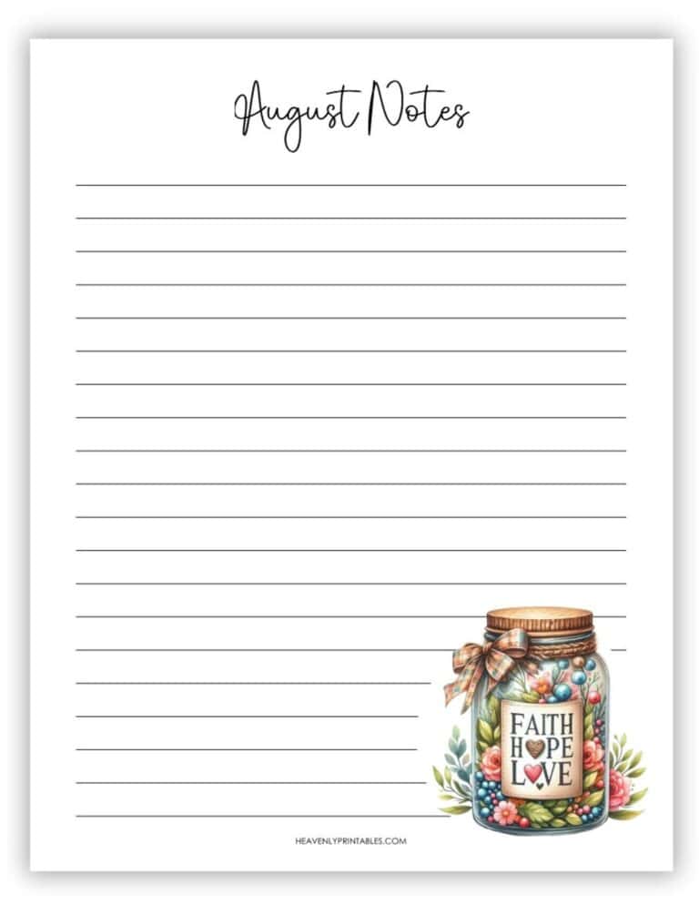 Month August Notes August Calendar Planner (Free PDF Printable) - Heavenly Printables